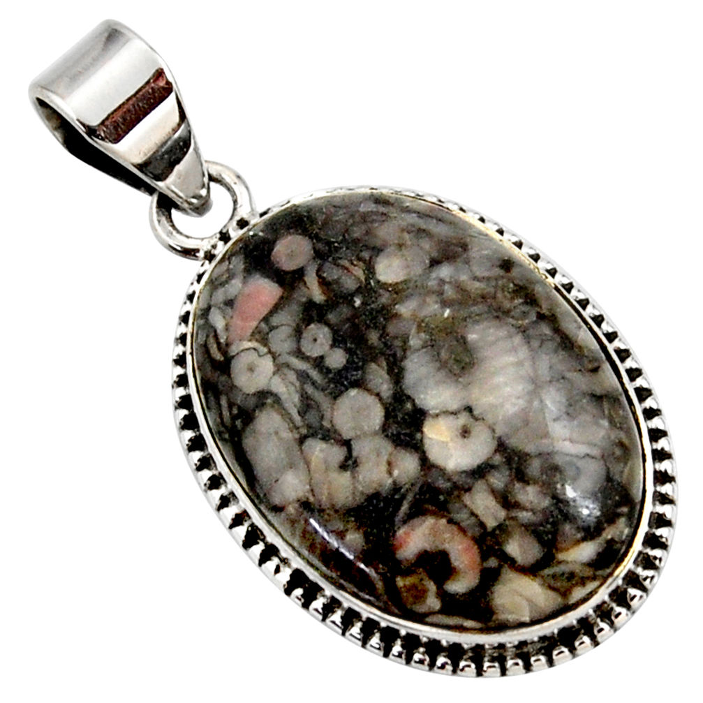 18.70cts natural black crinoid fossil 925 sterling silver pendant jewelry r27812