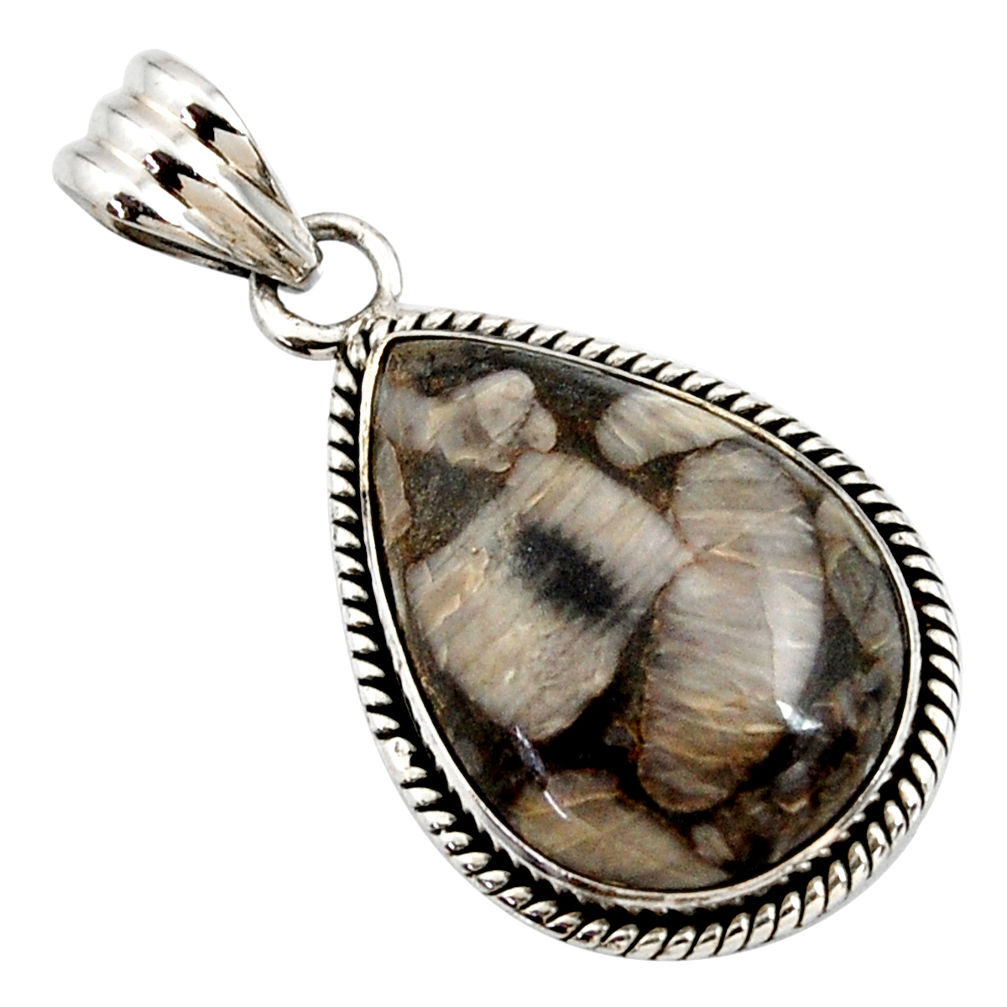 19.23cts natural black crinoid fossil 925 sterling silver pendant jewelry r27819