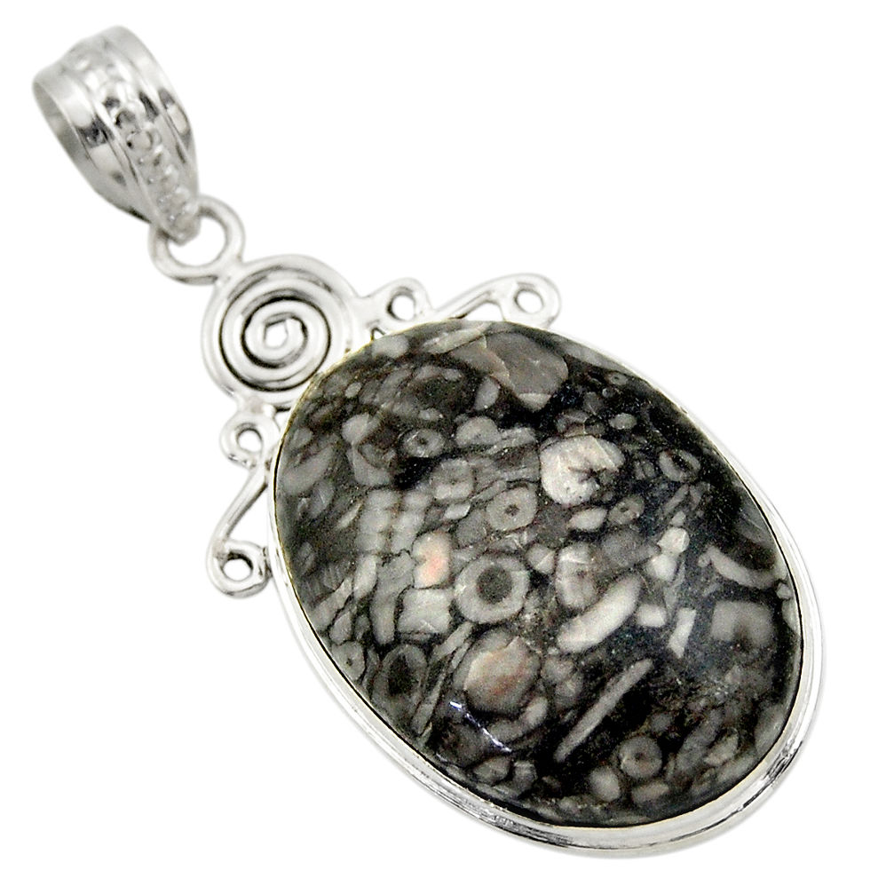 24.00cts natural black crinoid fossil 925 sterling silver pendant jewelry r32041