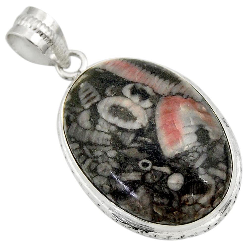 23.46cts natural black crinoid fossil 925 sterling silver pendant jewelry r32042