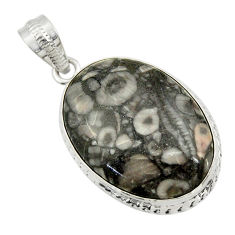 21.48cts natural black crinoid fossil 925 sterling silver pendant jewelry r32051