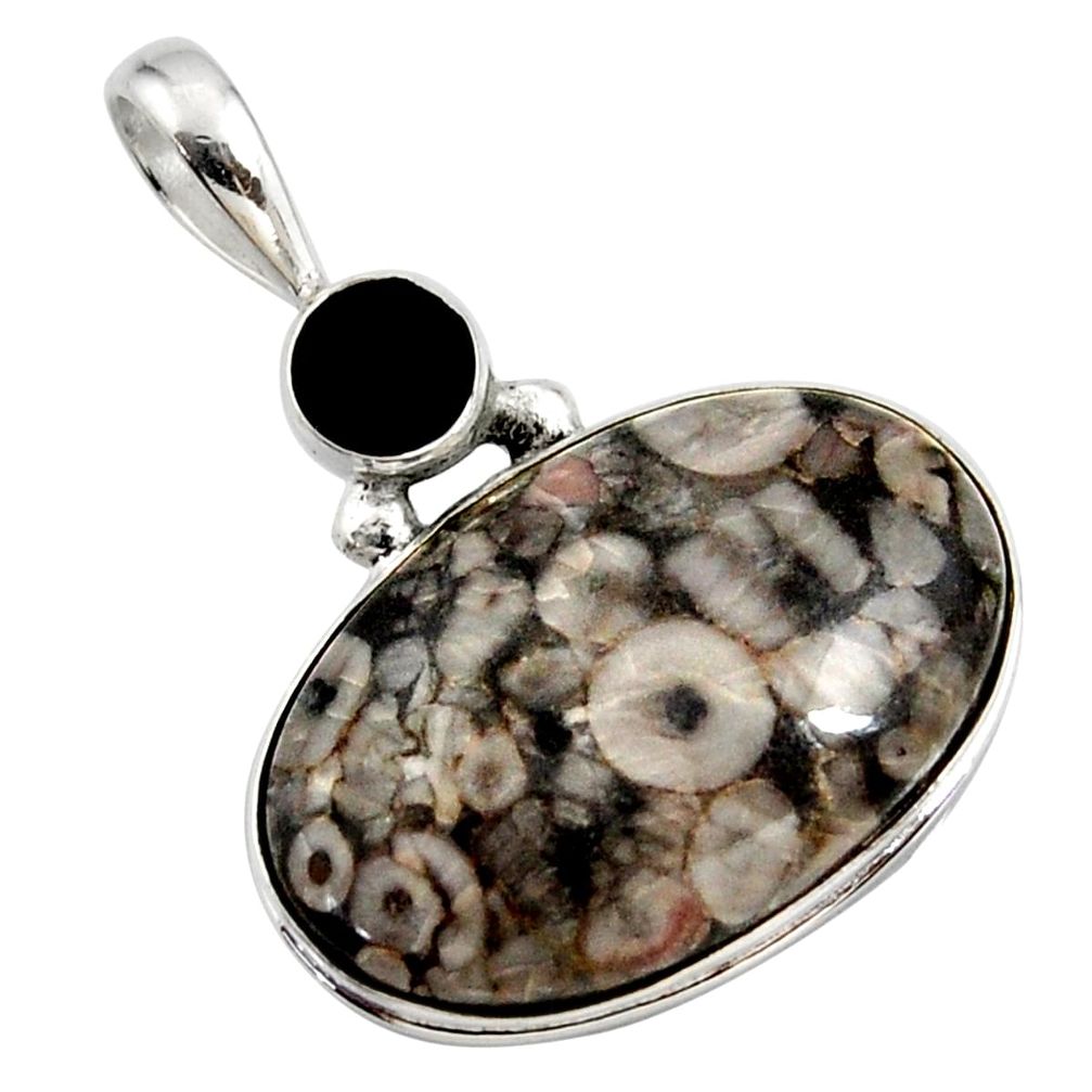 18.68cts natural black crinoid fossil onyx 925 sterling silver pendant r27813