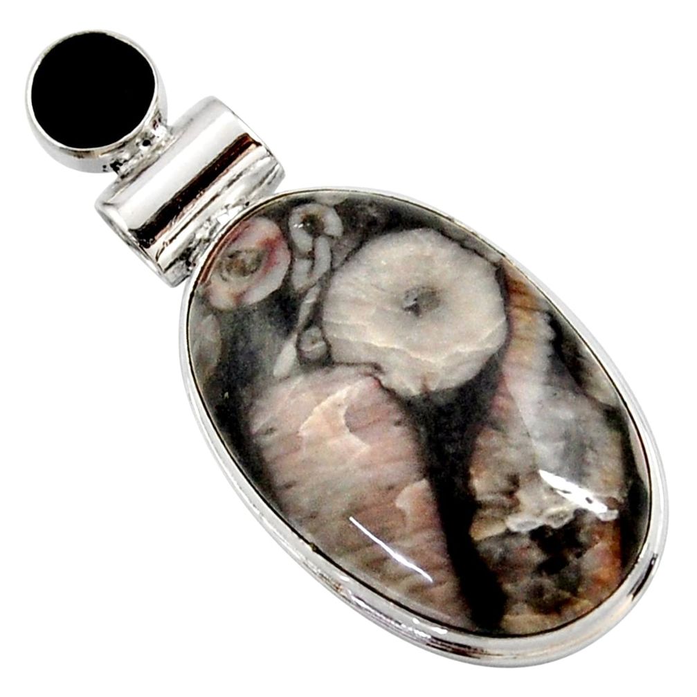 19.72cts natural black crinoid fossil onyx 925 sterling silver pendant r27814