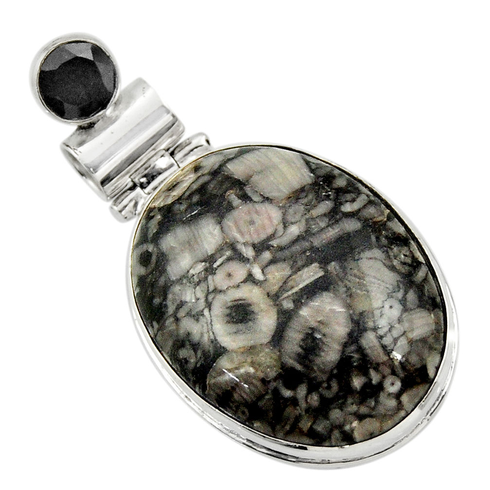 24.38cts natural black crinoid fossil onyx 925 sterling silver pendant r32052