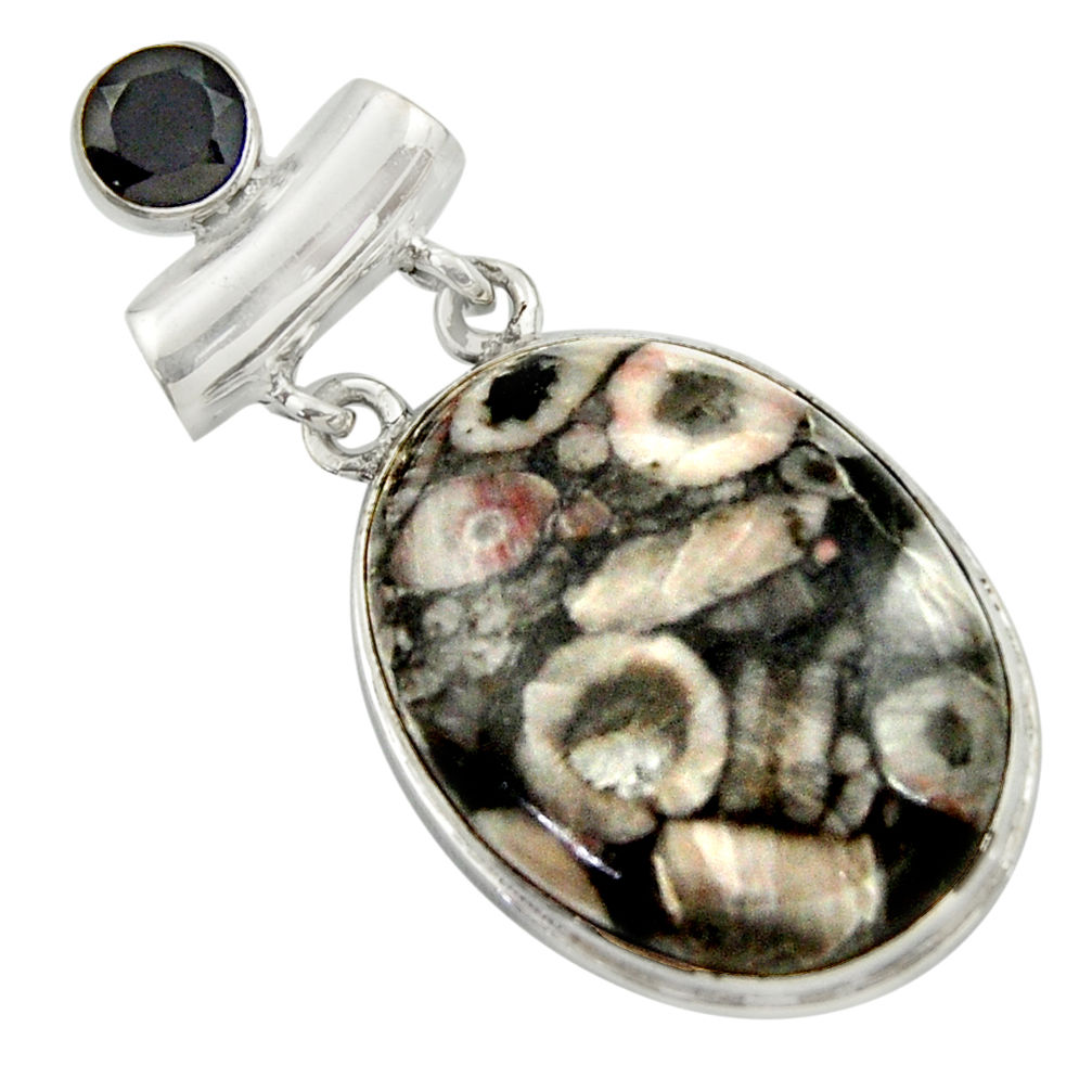 27.68cts natural black crinoid fossil onyx 925 sterling silver pendant r41649