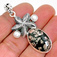18.08cts natural black firework obsidian pearl silver star fish pendant y2817