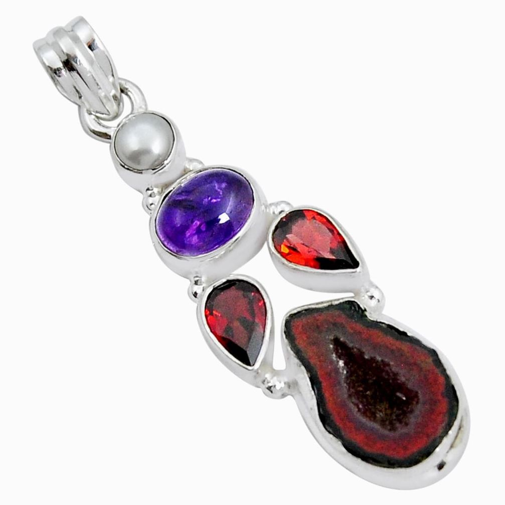 13.10cts natural black geode druzy amethyst garnet pearl silver pendant y5457