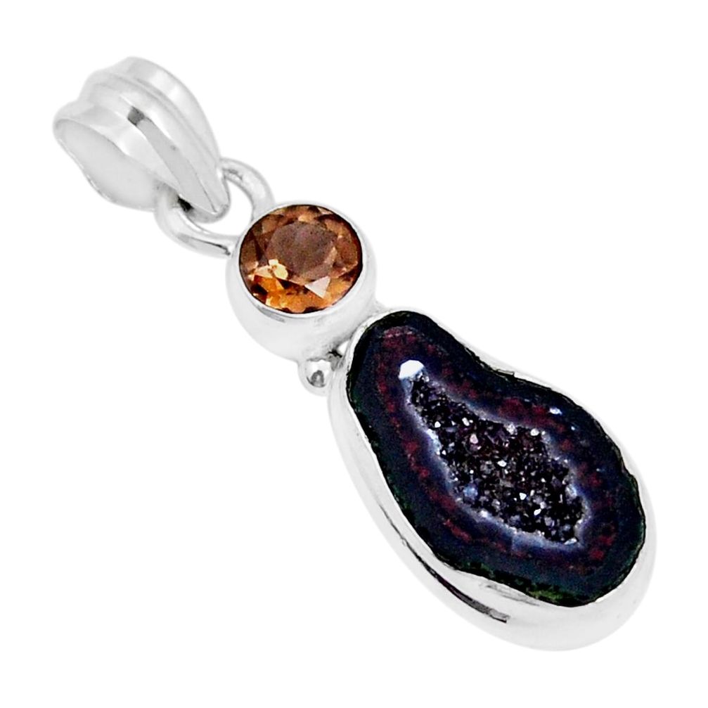 7.44cts natural black geode druzy smoky topaz 925 sterling silver pendant y5581