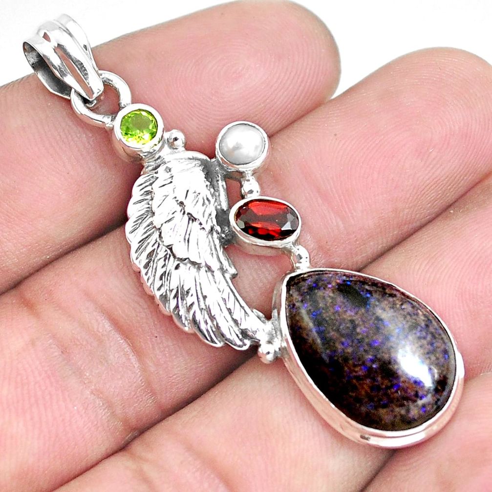 Natural black honduran matrix opal garnet 925 silver feather pendant p43119