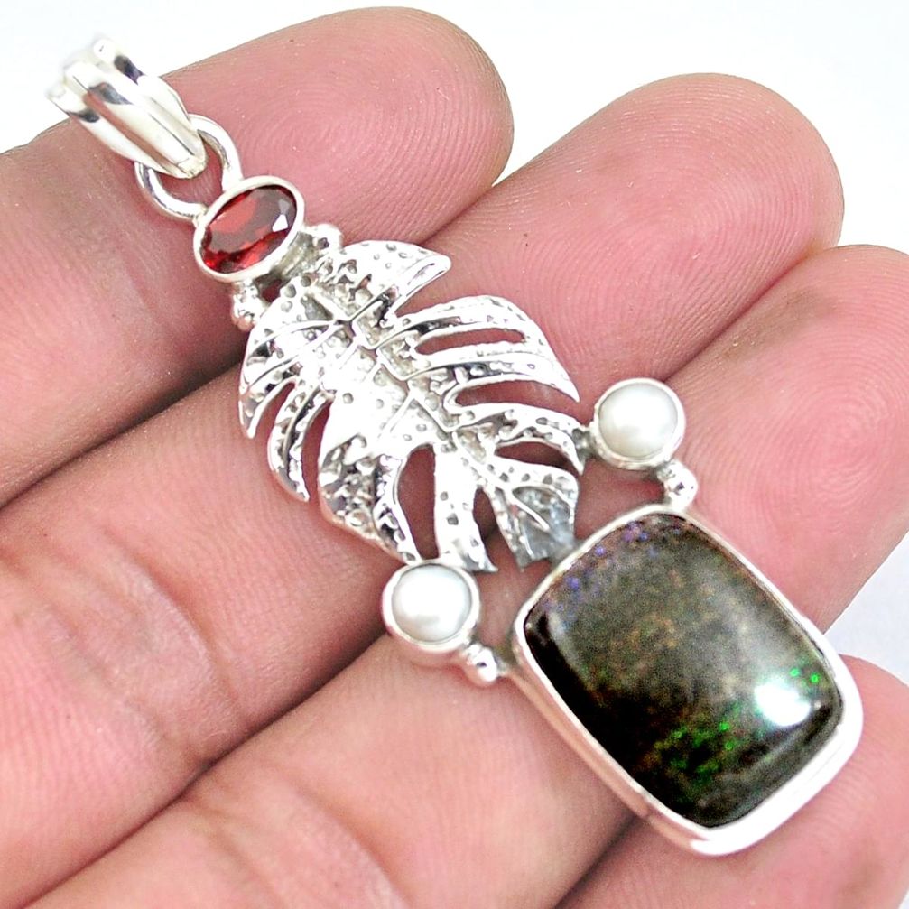 Natural black honduran matrix opal garnet 925 silver feather pendant p43131