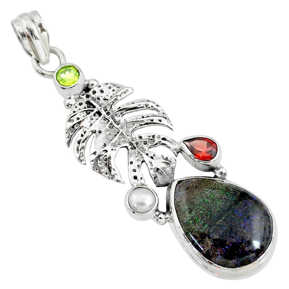 14.88cts natural black honduran matrix opal peridot 925 silver pendant t10606