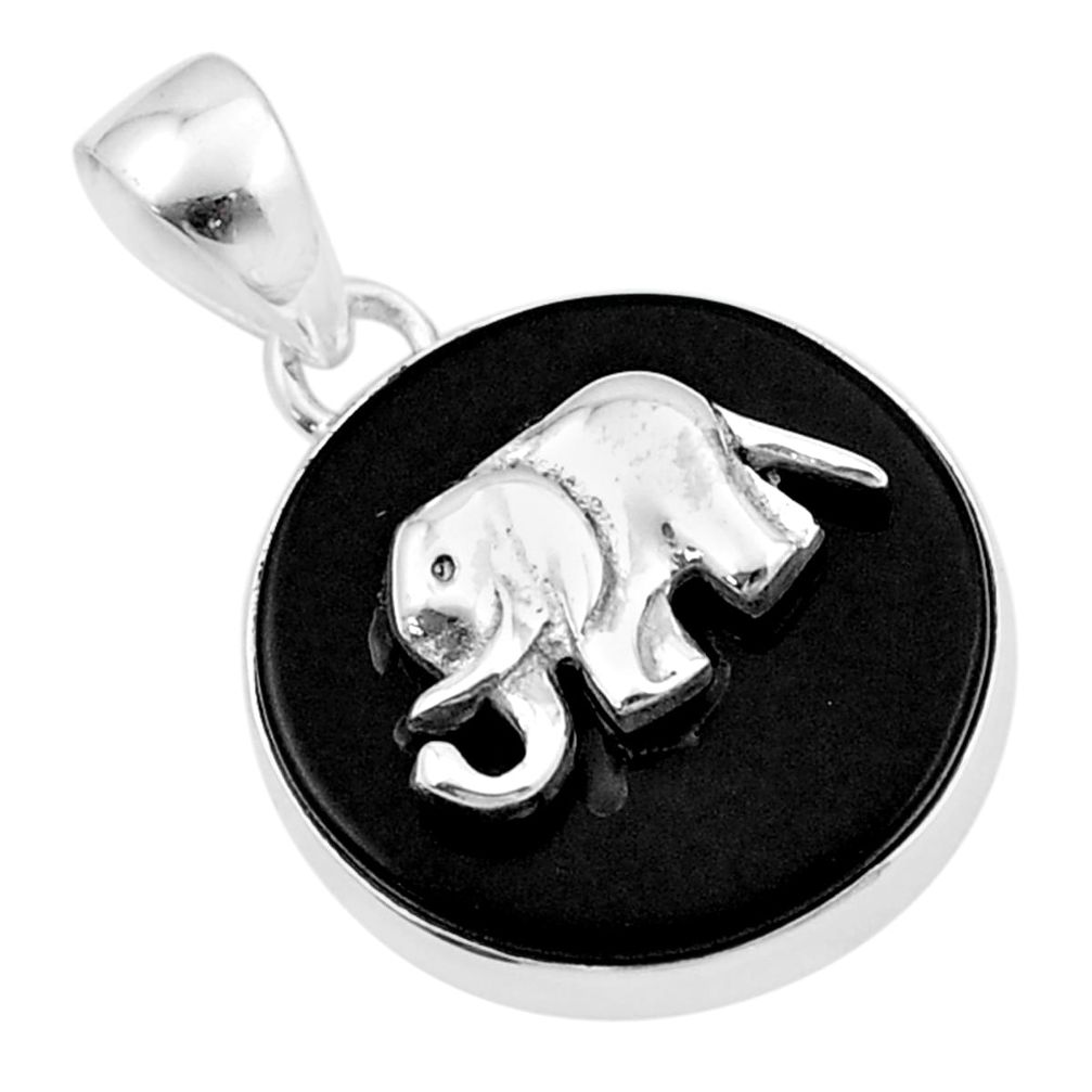 14.69cts natural black onyx 925 sterling silver elephant coin enamel pendant jewelry u34644