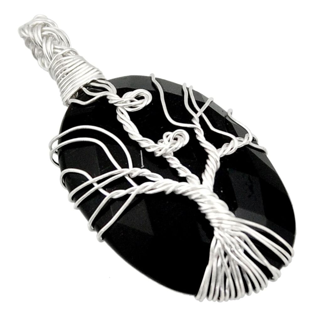 25.72cts natural black onyx 925 sterling silver tree of life pendant d47633