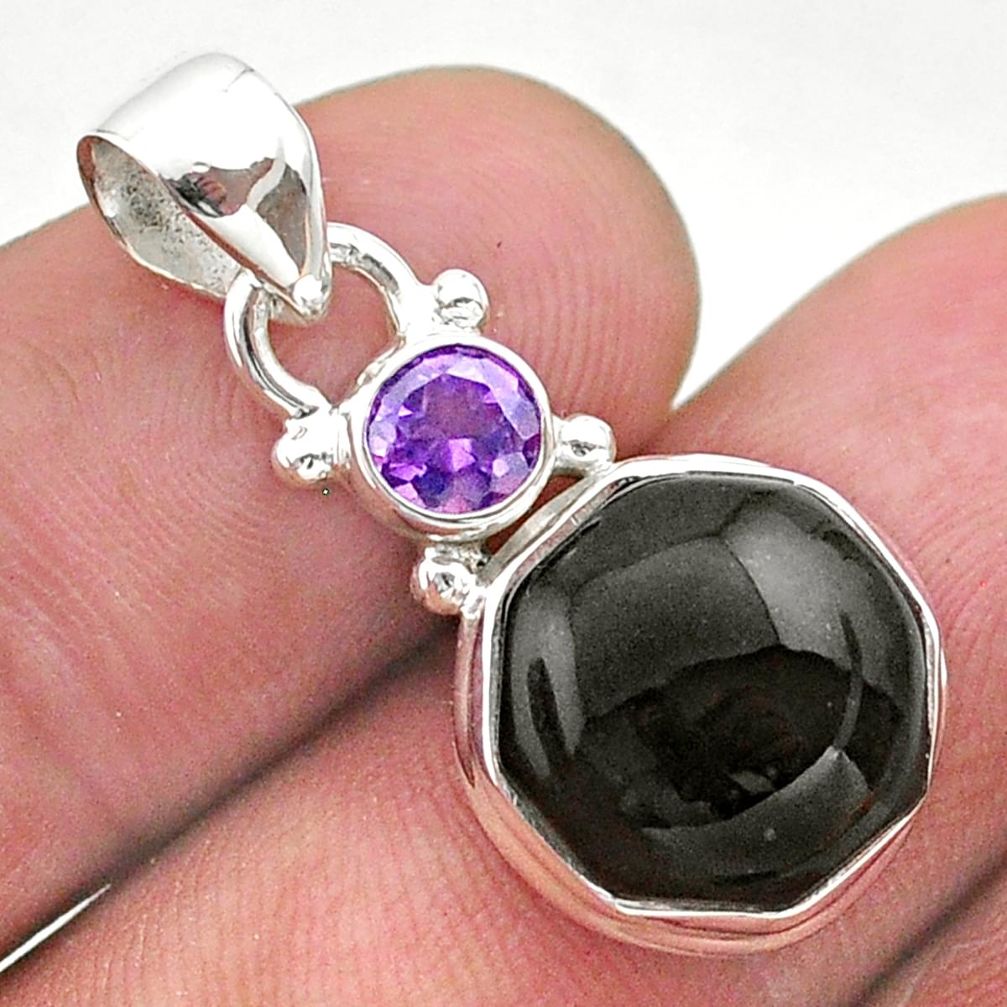 6.91cts natural black onyx amethyst 925 sterling silver hexagon pendant t46485