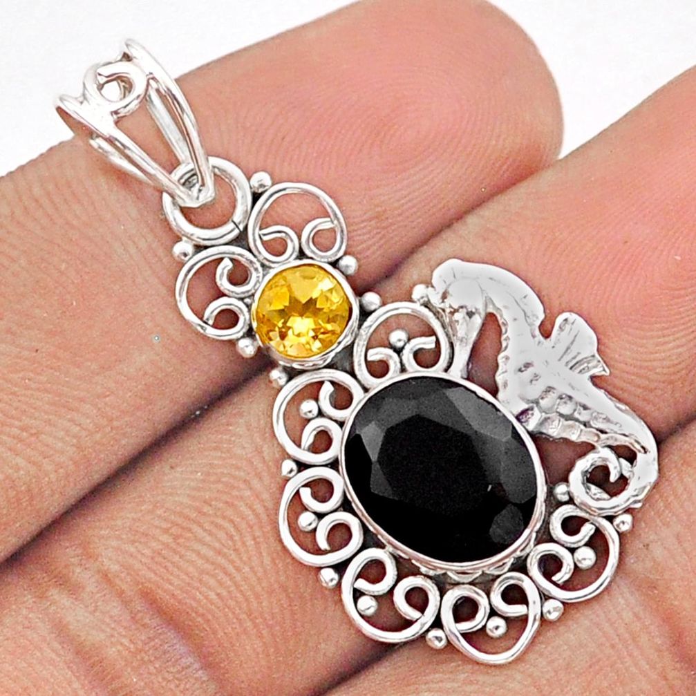 6.03cts natural black onyx citrine 925 sterling silver seahorse pendant u7131