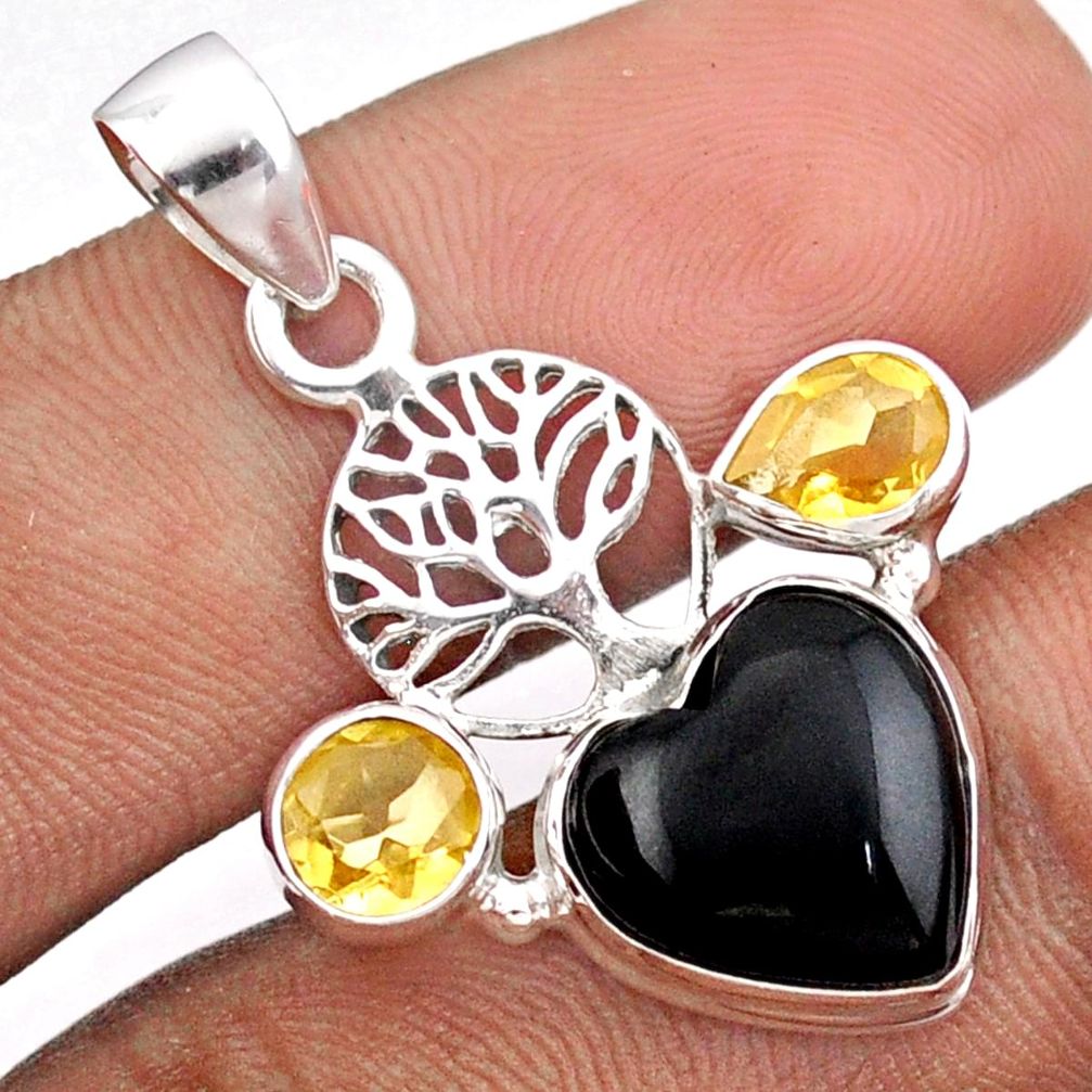 7.24cts natural black onyx heart citrine 925 silver tree of life pendant u1606