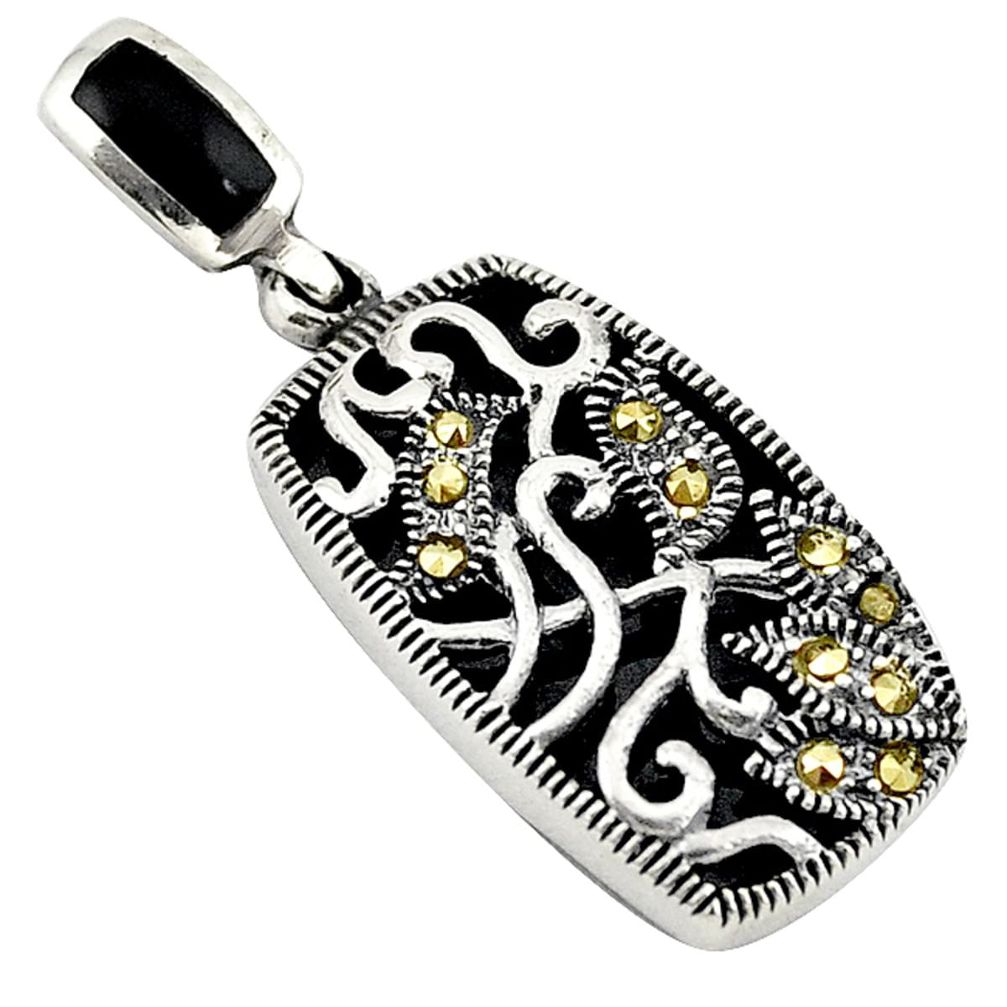 Natural black onyx marcasite 925 sterling silver pendant jewelry c21933