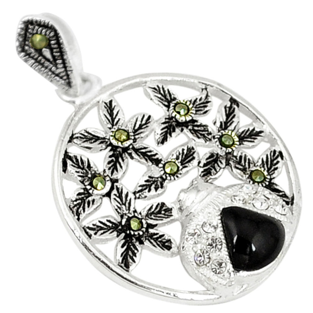 Natural black onyx marcasite 925 sterling silver pendant jewelry c21976