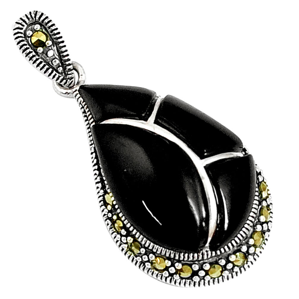 6.97cts natural black onyx marcasite enamel 925 sterling silver pendant c16720