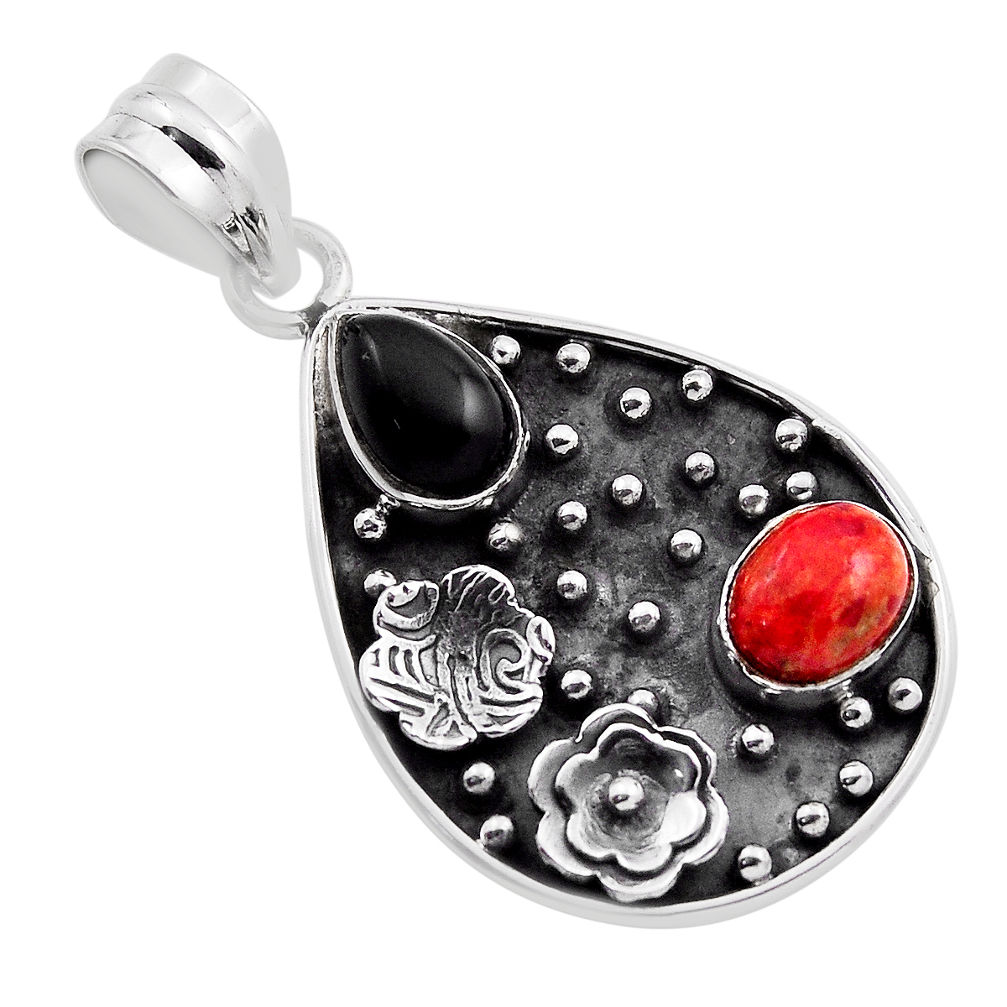 3.93cts natural black onyx mojave turquoise 925 silver flower pendant n25465