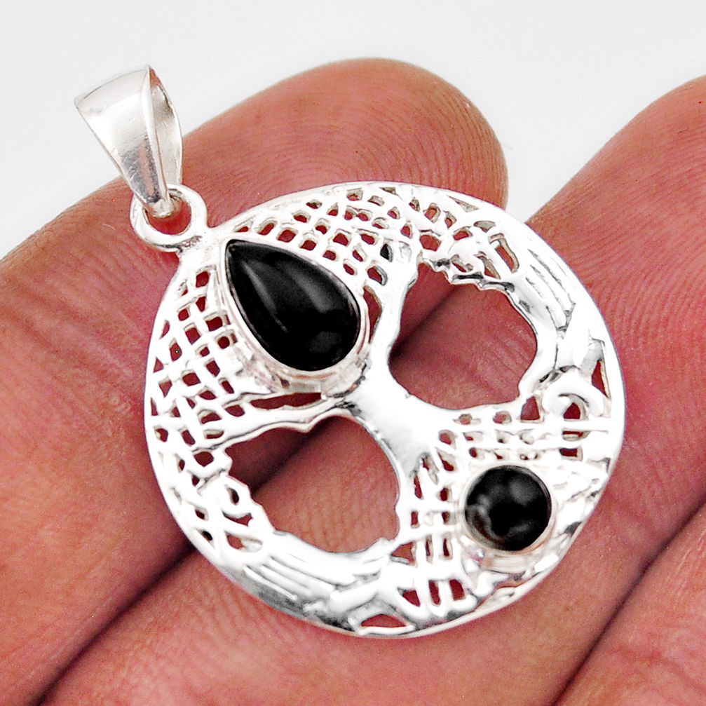 2.93cts natural black onyx pear 925 sterling silver tree of life pendant y91396