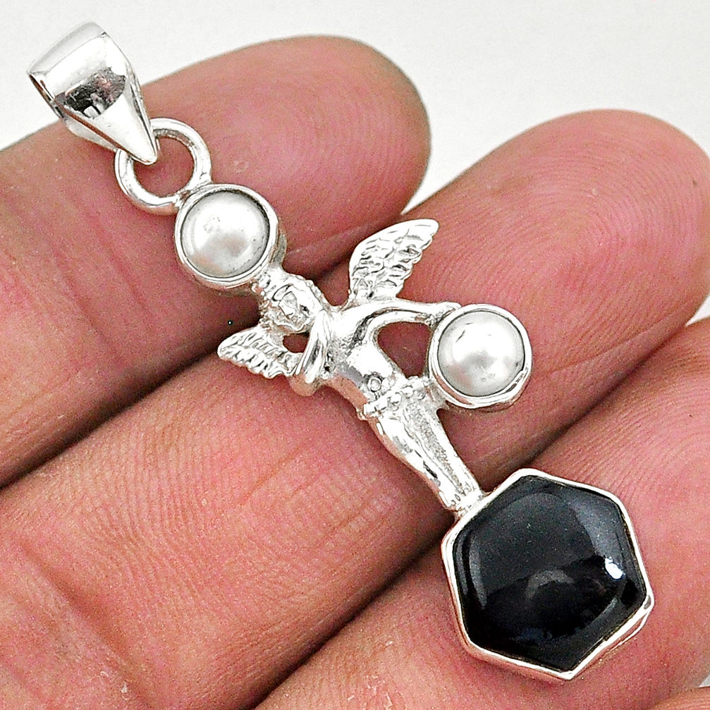 6.70cts natural black onyx pearl 925 sterling silver angel pendant r96883