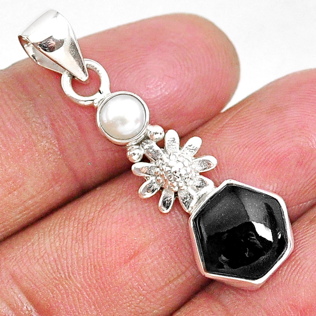 4.82cts natural black onyx pearl 925 sterling silver flower pendant r93303