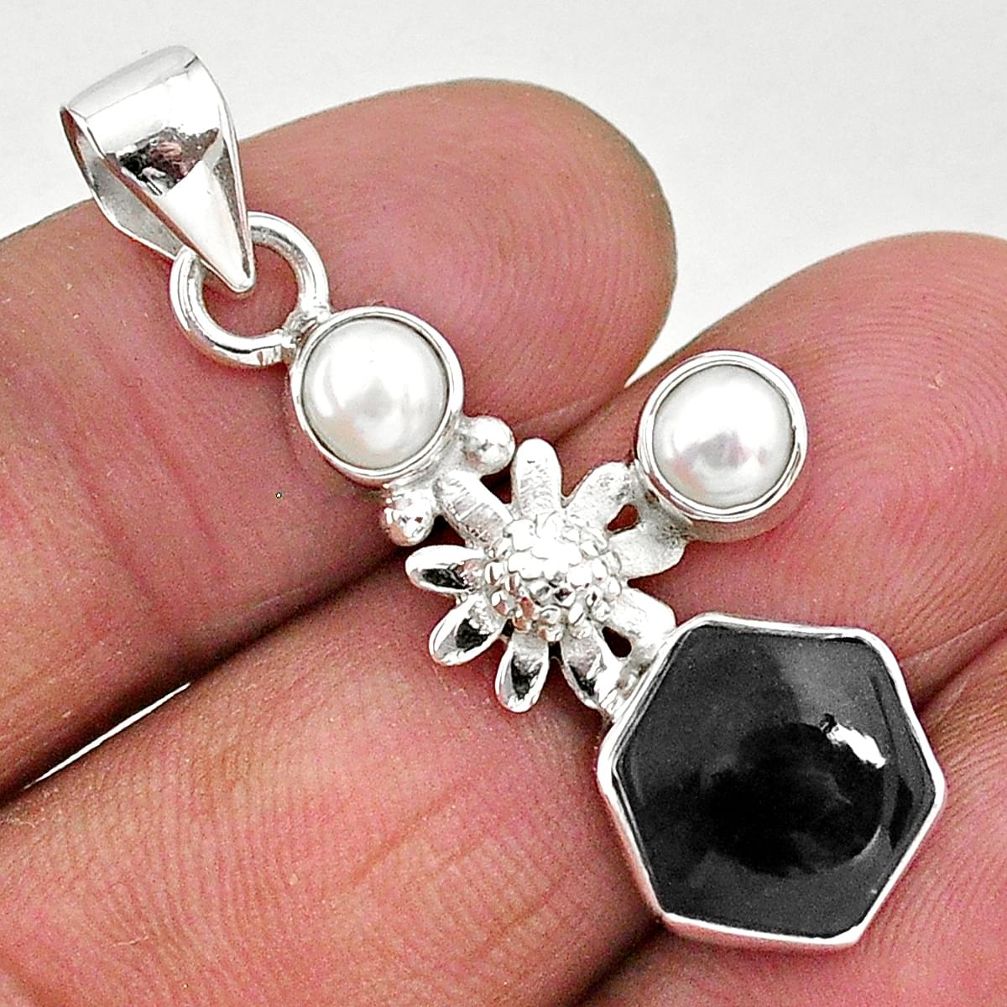 7.15cts natural black onyx pearl 925 sterling silver flower pendant r96882