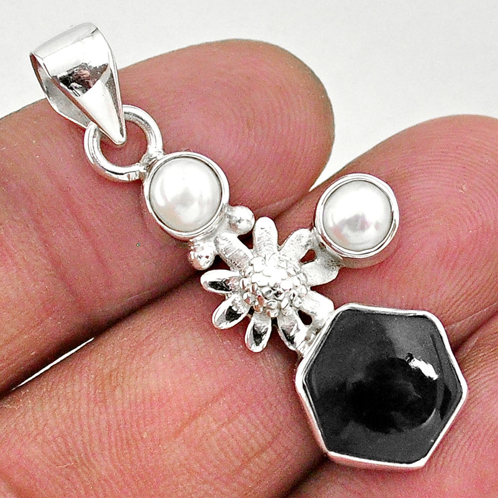 6.70cts natural black onyx pearl 925 sterling silver flower pendant r96886