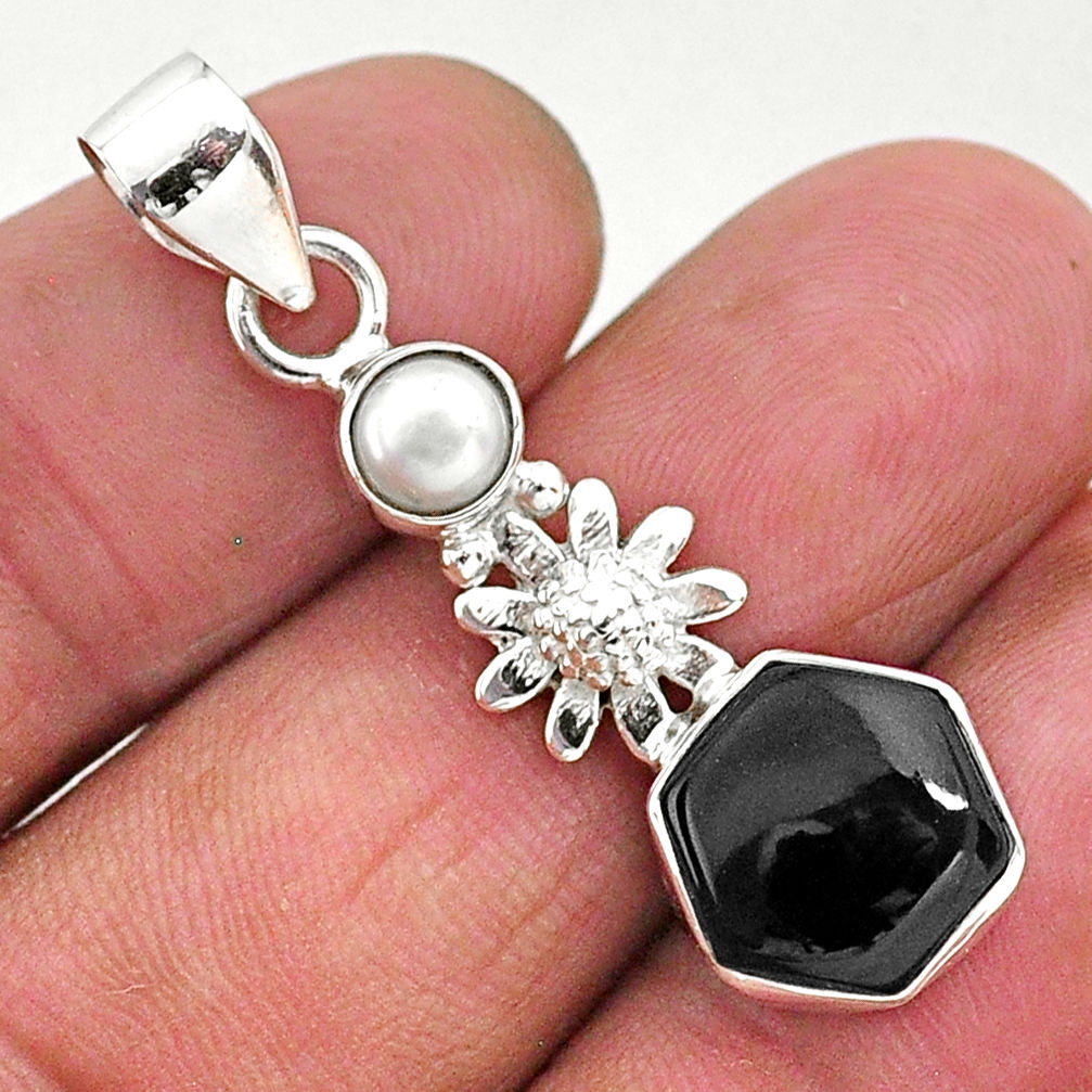 5.84cts natural black onyx pearl 925 sterling silver flower pendant r96889