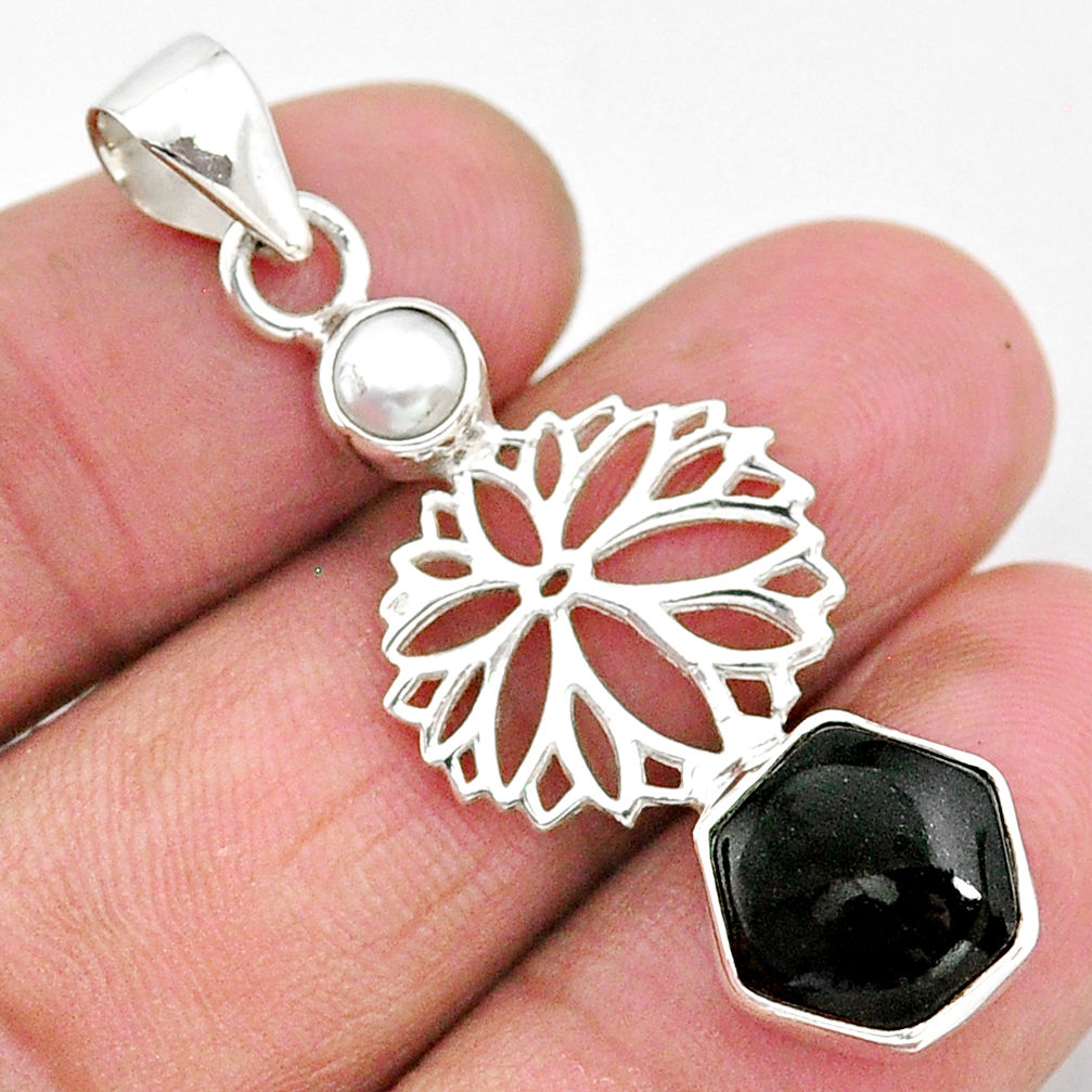 5.45cts natural black onyx pearl 925 sterling silver flower pendant r96911