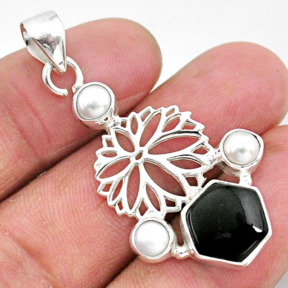 6.84cts natural black onyx pearl 925 sterling silver flower pendant r96914