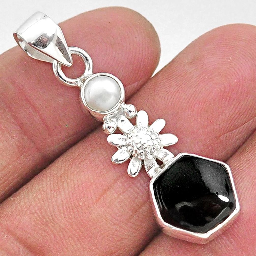 5.07cts natural black onyx pearl 925 sterling silver flower pendant r96919