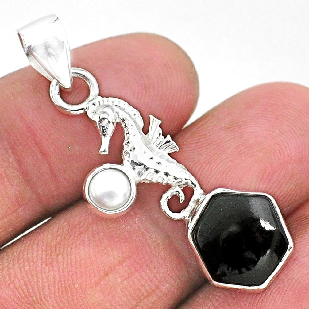 4.97cts natural black onyx pearl 925 sterling silver seahorse pendant r96913