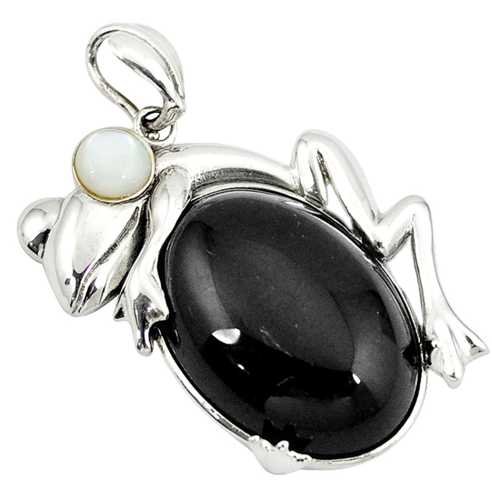 Natural black onyx white pearl round 925 sterling silver frog pendant c22540