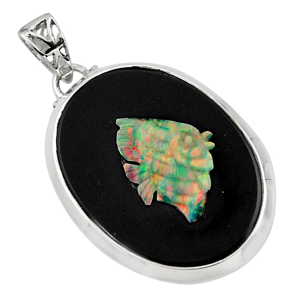 21.72cts natural black opal cameo on black onyx 925 silver fish pendant r48784