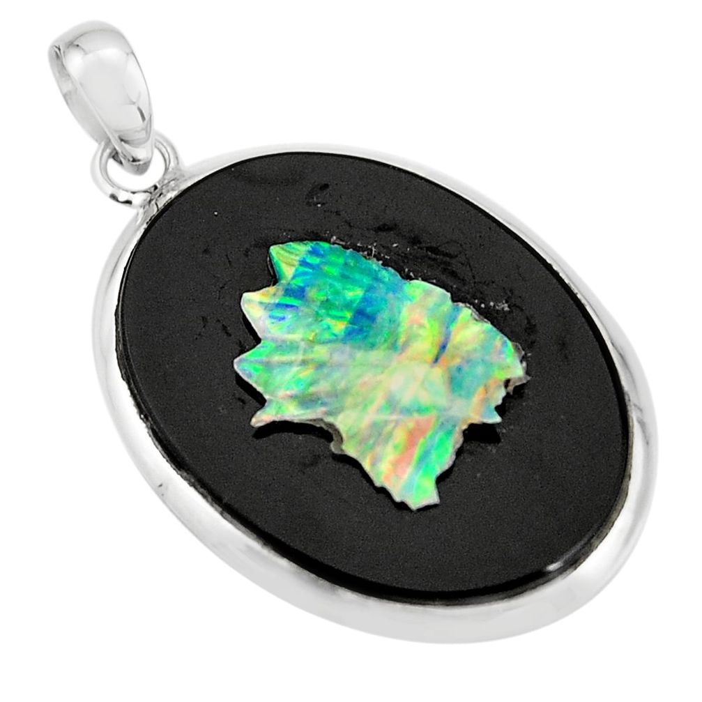 18.25cts natural black opal cameo on black onyx 925 silver pendant r20203