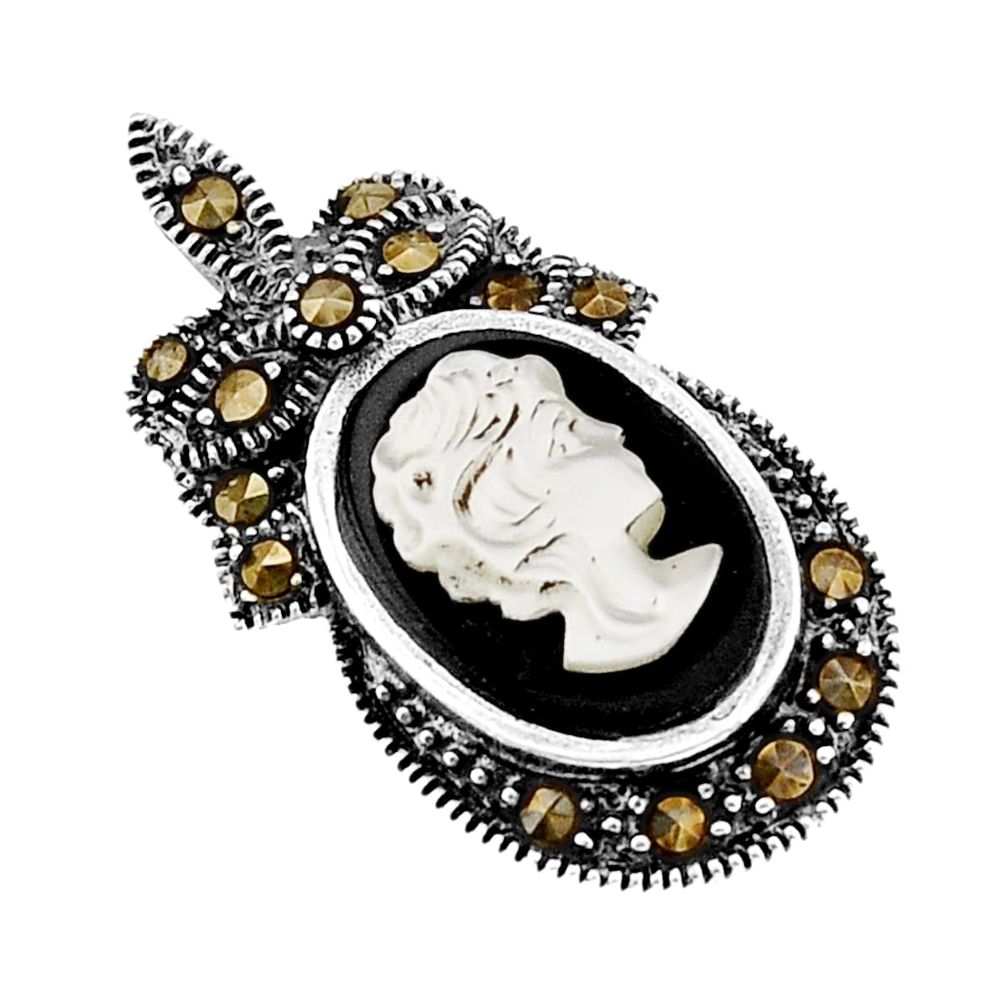 4.91cts natural black opal cameo on black onyx marcasite silver pendant y66154