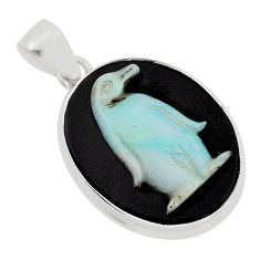 14.90cts natural black opal cameo on black onyx silver penguin pendant y94974