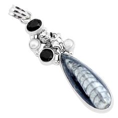 Clearance Sale- 21.67cts natural black orthoceras 925 silver cupid angel wings pendant p37489