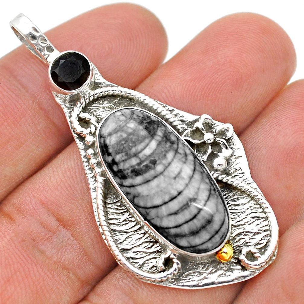 17.82cts natural black orthoceras onyx 925 silver 14k gold pendant u75055