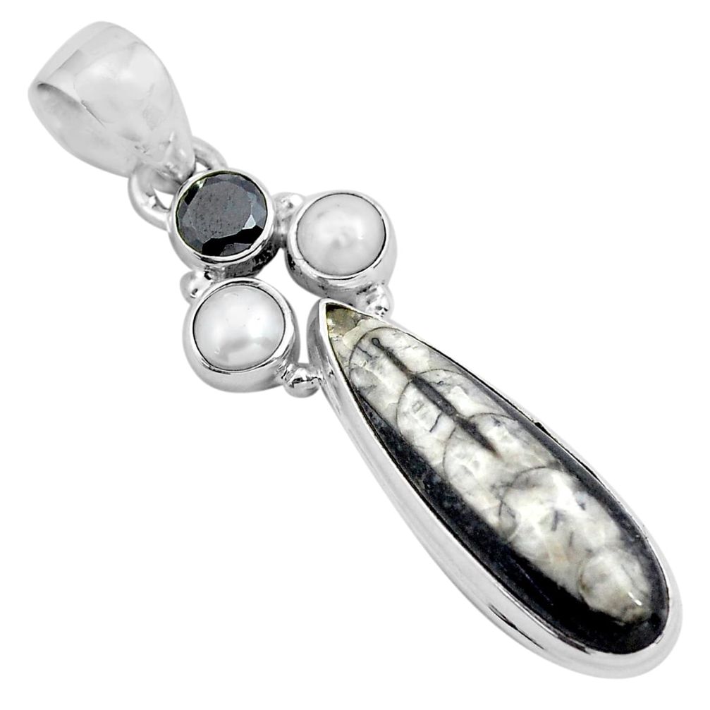 13.09cts natural black orthoceras onyx pearl 925 sterling silver pendant p86518