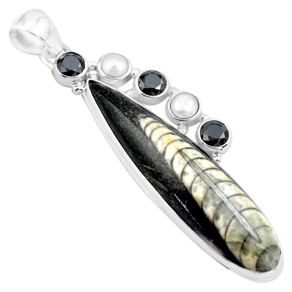 31.46cts natural black orthoceras onyx pearl 925 sterling silver pendant p86523