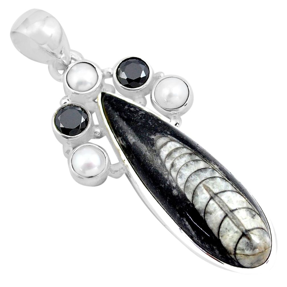 29.40cts natural black orthoceras onyx pearl 925 sterling silver pendant p86527