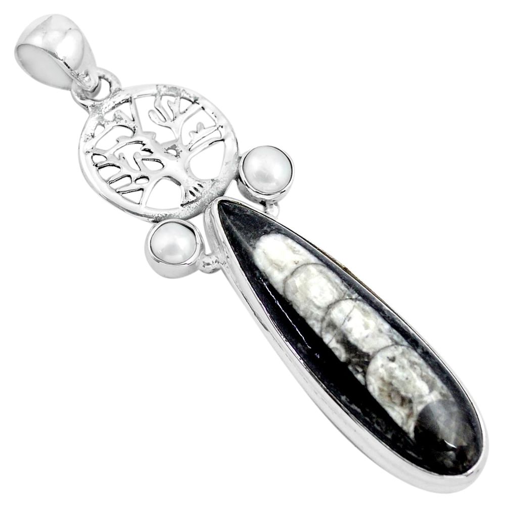  black orthoceras pearl 925 silver tree of life pendant p86555