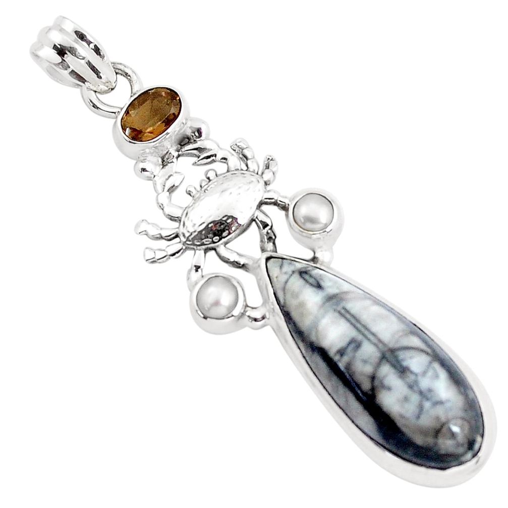  black orthoceras smoky topaz 925 silver crab pendant p37519