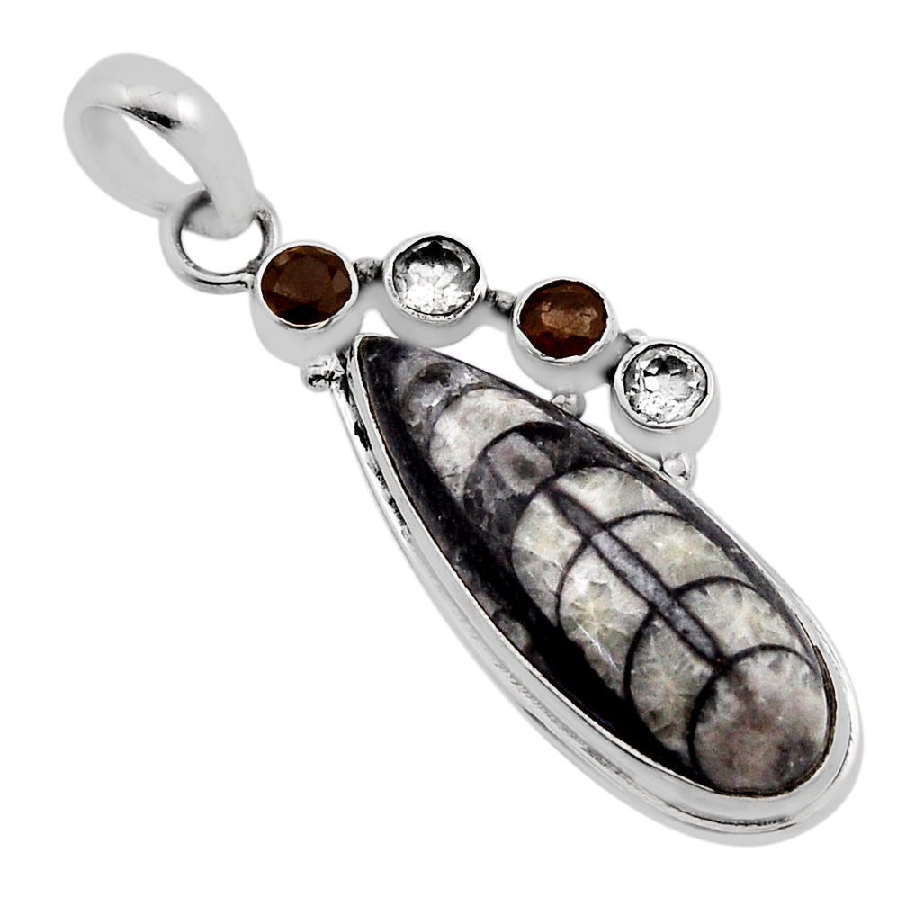 18.01cts natural black orthoceras smoky topaz white topaz silver pendant n13523
