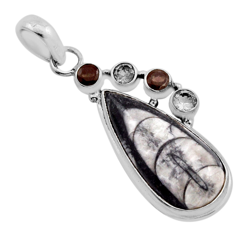 17.20cts natural black orthoceras smoky topaz white topaz silver pendant n13524