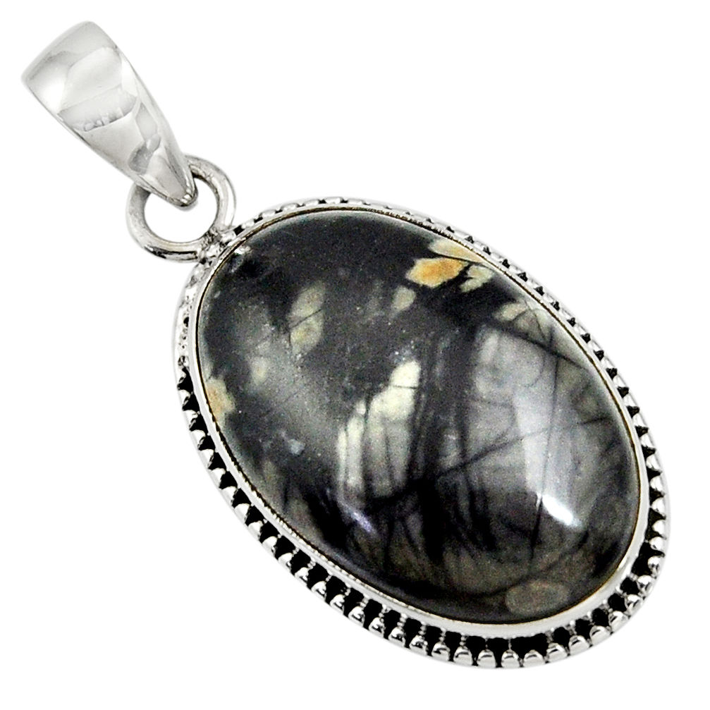 19.72cts natural black picasso jasper 925 sterling silver pendant jewelry d41259