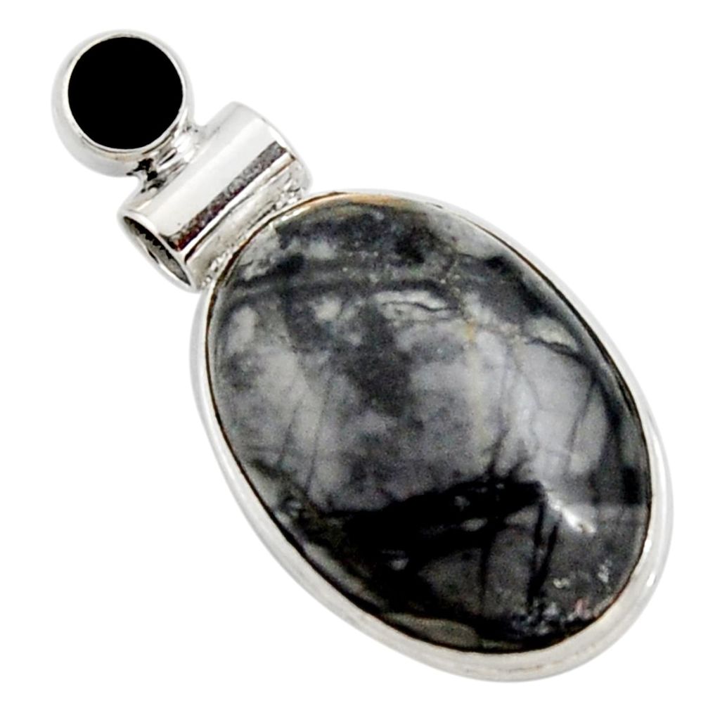 19.23cts natural black picasso jasper onyx 925 sterling silver pendant r27838